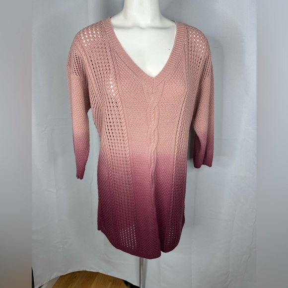 TORRID Dip Dye Ombre Pink V-Neck Cable Knit 3/4 Sleeved Tunic Sweater Plus Sz 2X - Picture 1 of 12